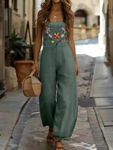 女士连体裤，刺绣吊带连体裤，带口袋，休闲度假家居服，春夏款 - 墨綠色 - 查看 3