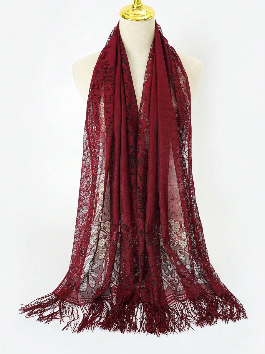 1pc Women's Elegant Lace Hollow-Out Evening Dress Bridal Atmosphere Scarf Shawl - Burgundy - View 1