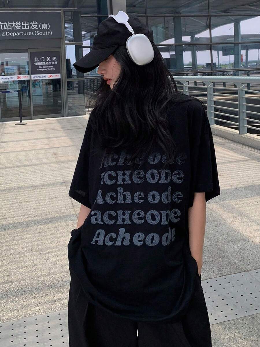 Áo thun nữ cổ tròn tay ngắn, in chữ mùa hè, kiểu dáng thời trang thường ngày, rộng rãi, đa năng. - màu đen - Xem 1