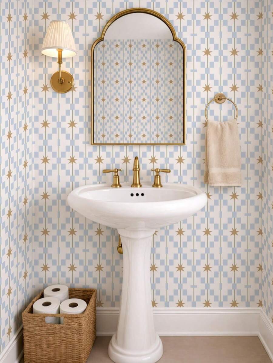 Blue & Beige Retro Medieval Self-Adhesive Wallpaper, Geometric Star Pattern Neutral Nordic Style Wall Sticker, Vintage Modern Design - A - View 1