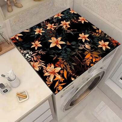 1pc Anti-Slip Laundry Room Floor Mat, Suitable For Washing Machine/Dryer - Dark Night Lily Laundry Mat, Decorative Appliance Cover For Washing Machine And Dryer Top, Laundry Room Decor