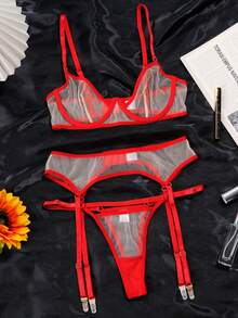 Bộ đồ lót gợi cảm 3 món dành cho nữ, áo hai dây xuyên thấu bằng lưới. - Đỏ - Xem 2