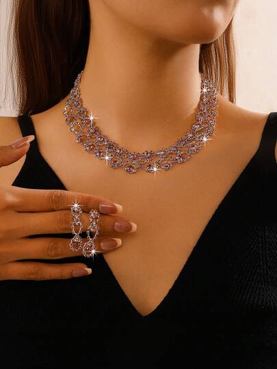 مجموعة قلادة وأقراط مرصعة بالكريستال للنساء، مناسبة للارتداء اليومي والحفلات والأعراس وغيرها من المناسبات، قطعتان/مجموعة