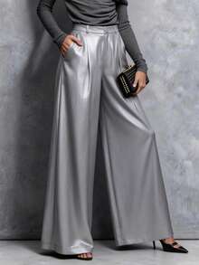 Pantalones anchos de cintura elástica cómoda y suelta, de unicolor con bolsillos de poliéster con lámina, elegantes y clásicos, adecuados para el hogar, citas nocturnas, vacaciones, oficina, uso diario, cena formal, escenario y concierto, primavera/verano - Plateado - Ver 2
