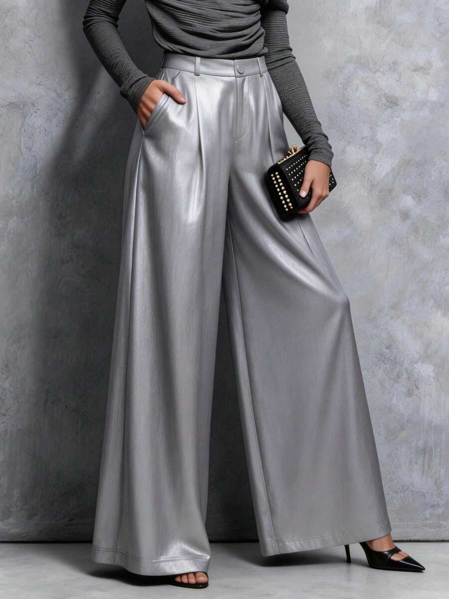 Pantalones anchos de cintura elástica cómoda y suelta, de unicolor con bolsillos de poliéster con lámina, elegantes y clásicos, adecuados para el hogar, citas nocturnas, vacaciones, oficina, uso diario, cena formal, escenario y concierto, primavera/verano