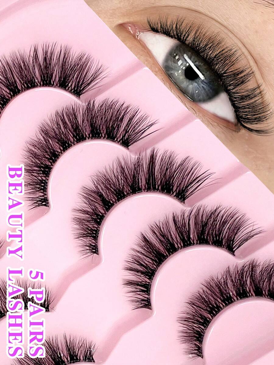 ENCHUW 5 Pairs False Eyelashes Fluffy Soft Wispy Volume Natural Lashes Reusable Eyelashs Makeup For Vacation - Black - View 1