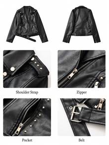 女士仿皮朋克夹克铆钉机车夹克配腰带 - 深黑色 - 查看 7