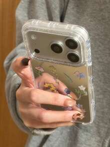 韩式镜面绿叶彩色花卉手机壳，适用于 14 Pro Max/16/17，全包边保护，个性化小品牌 15/13 保护套 - 銀色 - 查看 5