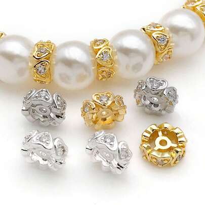 2pcs 18K Gold Plated Brass Flat Round Beads Cubic Zirconia Heart Bead 8mm For DIY Jewelry Findings Making Jewelry Fashion Accessories Creative Gift