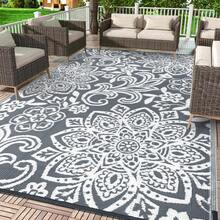 Pauwer Outdoor Rug Waterproof, Reversible Plastic Straw Rug RV Camping Rug, Indoor Outdoor Patio Mat, Outside Carpet For Porch,Deck,Camper,Balcony,Backyard,Picnic - Flower/Grey - View 15
