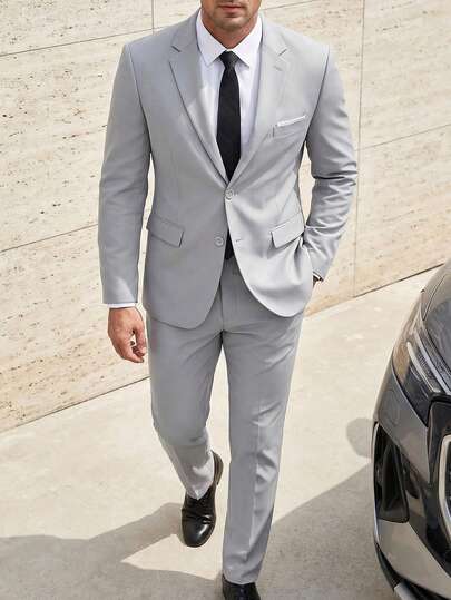 WindsorQuad 4-Piece Frugal Men's Suit Set, Elegant Single-Breasted Slim Fit Formal Business Suit Set For Wedding Party, Includes Jacket, Pants, Tie, Gray, XS-3XL