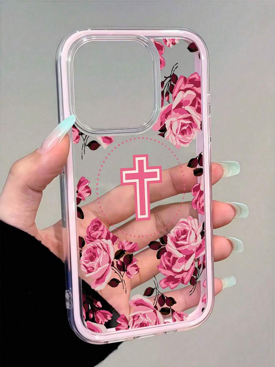 1 chiếc ốp lưng điện thoại TPU trong suốt màu hồng họa tiết hoa hồng và chữ thập hoạt hình dễ thương, tương thích với iPhone 16/16Pro/15/15ProMax/15Pro/11/12/13/14ProMax/12Pro/12ProMax/13Pro/13ProMax/14Pro/14Pro, vỏ mềm, sáng tạo và thanh lịch. - Nhiều màu - Xem 1