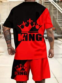 Ensemble deux-pièces pour hommes grande taille, t-shirt à manches courtes col rond 3D et short à cordon, motif haute définition, tenue de sport décontracté d'extérieur, mode oversize. - Couleurs mélangées - Voir 2