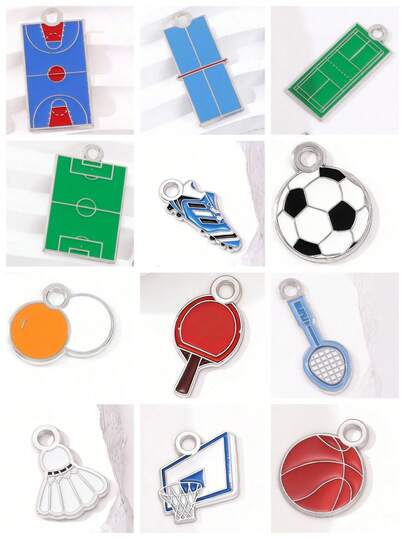 Set de 10 piezas de dijes de aleación con esmalte de temas deportivos aleatorios, incluyendo miniatura de baloncesto, balón de fútbol, ping pong, bádminton, accesorios de joyería DIY para entusiastas del deporte