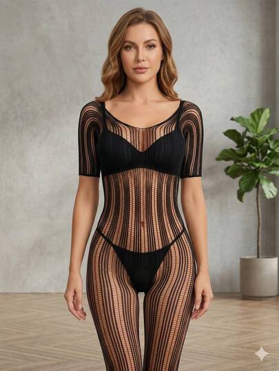 1 stuk sexy dameslingerie: netpanty, strakke jumpsuit met open kruis, doorschijnende korte mouwen, sexy aansluitende bikini cover-up, sexy feestkostuum voor Valentijnsdag