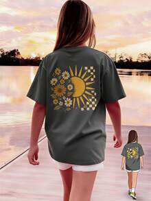 1 pieza Camiseta de manga corta de cuello redondo con estampado de girasol casual para niñas, ropa de verano para estudiantes jóvenes - Gris Oscuro - Ver 2