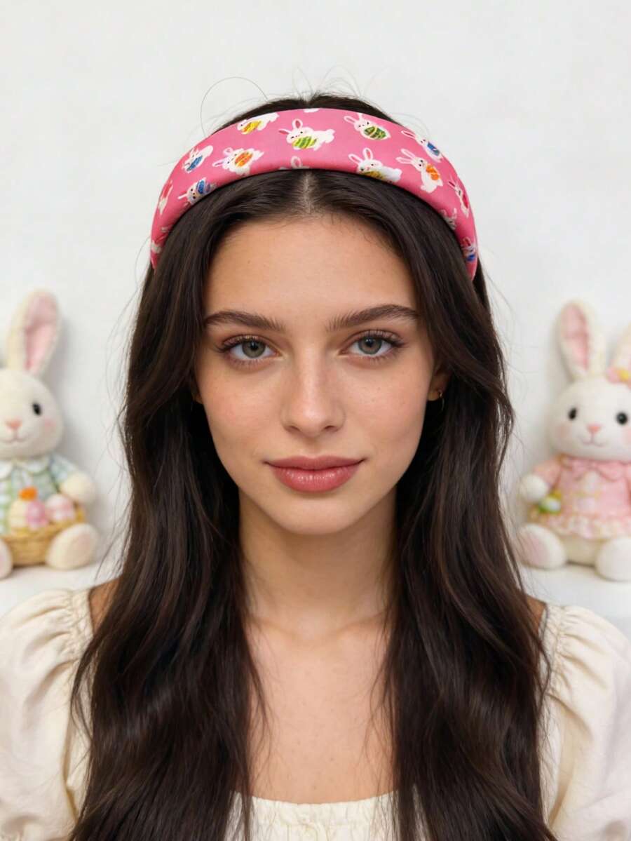 1个可爱兔子和复活节彩蛋印花海绵发箍，适合复活节派对、日常妆容、发型造型 - 彩色 - 查看 1