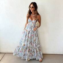 Women's Summer Floral Print Backless Spaghetti Strap Maxi Dress Elegant Sleeveless Long Flowy Dress For Vacation Date Night Beach Wedding Guest - 藍色 - 查看 2