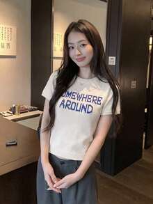 Women's Spring/Summer Retro Casual Short-Sleeve Knit Sweater | Round Neck Top With Letter Jacquard Pattern - Apricot - View 2