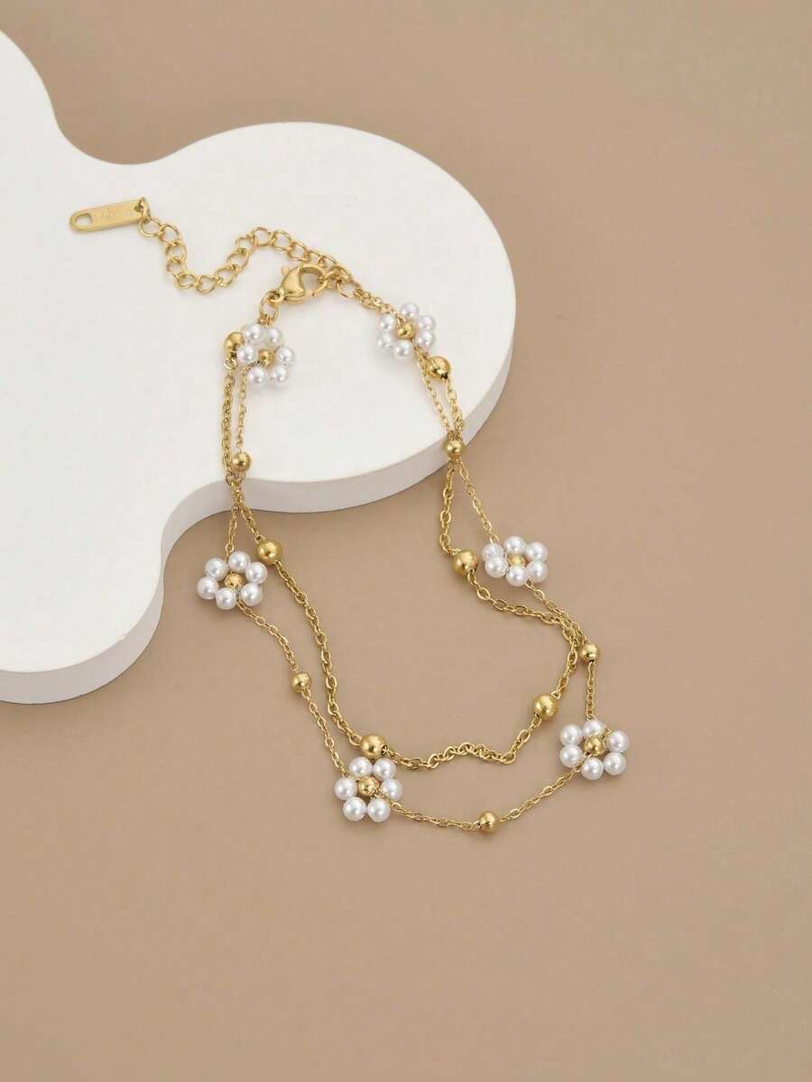 1 pieza Tobillera de acero inoxidable de doble capa con flor de perla de moda, cadena de perlas, adecuada para verano, vacaciones, fiesta en la playa, regalo, regalo de cumpleaños - Blanco - Ver 1
