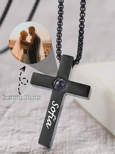 Customized Cross Projection Necklace, Customized Men's Projection Necklace, Stainless Steel Cross Projection Photo Necklace, Personalized Colorful Photo Necklace, Father's Day Gift, Couple Photo Memorial Gift