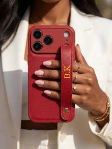 Luxury Litchi Texture Monogram Wrist Strap Phone Case Compatible With Apple 17 Pro Max 16 15 14 13 12 11 Pro, Customizable Monogram Name, Minimalist Anti-Fingerprint Anti-Drop Anti-Shock Couple Phone Case Soft Shell, Valentine's Day Gift, Birthday Gift, Holiday Gift, Personalized Gift For Him And Her - Chocolate Brown - View 6