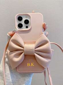 Customized Letter Name Faux Leather Bow Crossbody Card Holder Lanyard Phone Case, Compatible With Apple, Suitable For Daily Use And Outdoor Carrying, Shockproof, Anti-Drop, Anti-Scratch Card Slot Phone Case, Great Birthday Gift, Christmas Gift, Personalized Gift For Women - Black - View 7
