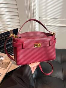 New Burgundy Solid Color Elegant Portable Handbag For Women - Burgundy - View 4