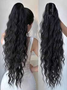 Trenza de cabello sintético ondulado y rizado de 26 pulgadas de largo, material de fibra resistente al calor, adecuado para uso diario de mujeres y niñas, accesorios de verano para el cabello con pinzas de playa en marrón y negro - Multicolor - Ver 9