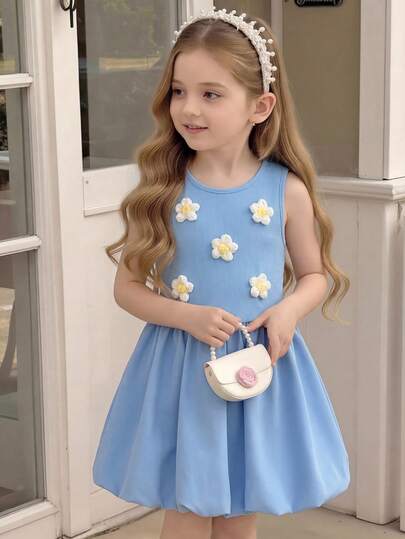 Young Girls' Cute Bubble Dress For Summer, Elastic Striped Design For Comfort, Adorned With 3D Floral Decor For Extra Cuteness, Versatile Minimalist Style Suitable For Outings, Outdoor Events, Formal Occasions, Birthday Parties, Gatherings