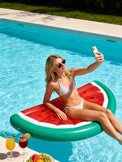 这款西瓜造型的漂浮躺椅，采用西瓜造型和水果元素设计，由PVC材质制成。它可以作为充气泳池漂浮垫、漂浮床或漂浮筏使用。适用于泳池派对、户外海滩、游泳池、主题派对等各种场合。是完美的夏季泳池和海滩漂浮玩具，也是一份完美的夏季礼物。气泵需另购。