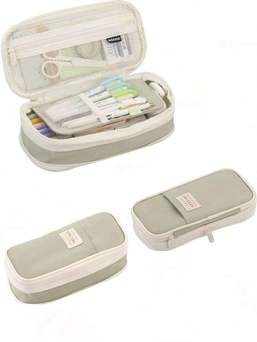 Macaroon Color Splicing Pencil Case, Stationery Box, Storage Bag, Gift , Students, Boys And Girls Back To School,Back To School,School Supplies,Pencil Pouch,School Bag - màu xanh lá - Xem 1