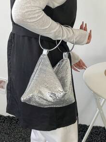 1pc Metal Hoop Sequin Handbag, Fashionable Women's Evening Clutch - Silver - View 7