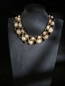 1pc Fashion Crystal & Pearl Double-Strand Necklace, Women's Necklace, Women's Jewelry, Pearl Necklace, Western Jewelry, Choker, Women's Choker Necklace, Women's Necklace, Women's Jewelry Set, Chunky Jewelry, Bohemian Style Jewelry, Summer Jewelry - Two Rows Of Crystal Pearls - View 7