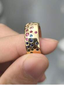 Luxury Wide Band Copper Alloy Multi-Color Synthetic Cubic Zirconia Ring, Women's Engagement Wedding Band, Everyday Matching Ring - Multicolor - View 5