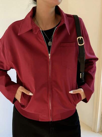 女士翻领长袖短款外套，带口袋，梭织面料，无弹力，酒红色