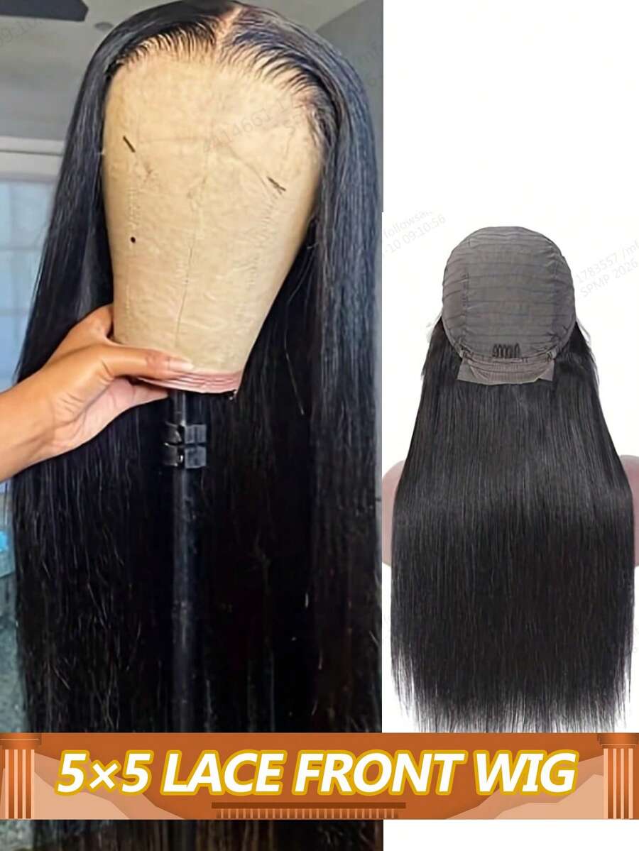 直发真人发假发 5x5 透明蕾丝前额假发 巴西真人发假发 预先拔毛 带婴儿发 180% 密度 适合女性日常佩戴 - Natural Black - 查看 1