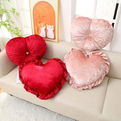 1/2pcs Luxury Velvet Heart Shaped Throw Pillow With Ruffle Edge/Button Decor, Soft Decorative Cushion For Sofa, Bed, Living Room, Wedding Gift
