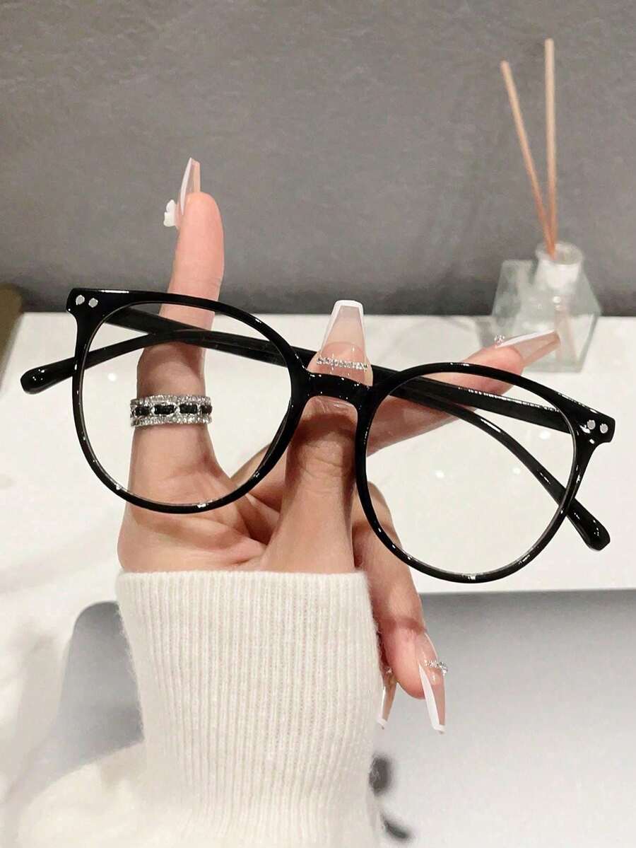1 Pair Unisex Round Minimalist Glasses, Suitable For Office, Reading, TV Watching, Gaming And Smartphone Use, With Clear Lenses - Black - View 1