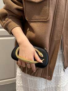 PU皮革手拿包，时尚优雅的方形晚宴包，正式派对包，礼服包，舞会礼服包，链条包，婚礼包 - 黑色 - 查看 4