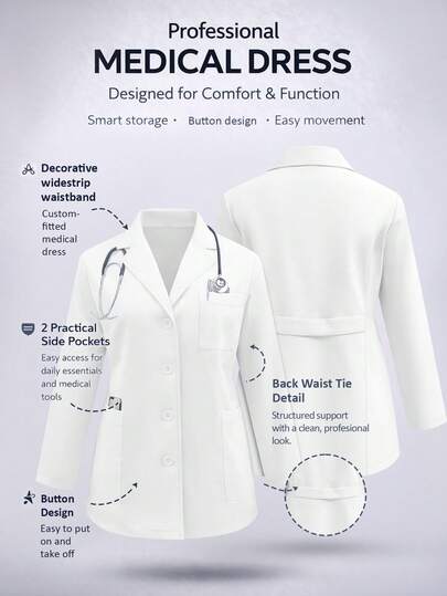 cimmuovere Plus Size Women Long Sleeve Open Front Lapel Collar Multi-Pocket Scrubs Nurse Scrubs Workwear Dentist Healthcare Pet Hospital Laboratory Coat White