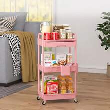3 Tier Rolling Utility Cart Organizer With Removable Drawer, Stable And Sturdy Black Rolling Storage Carts With 2 Lockable Wheels For Bathroom, Kitchen, Snack, Craft, Makeup, Baby Essentials,Christmas Gifts - Hồng - Xem 7