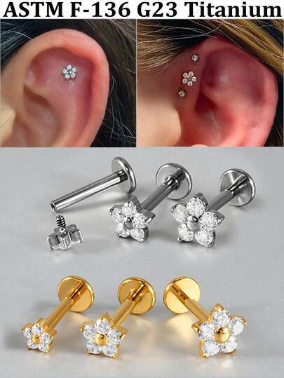 1PC F-136 Khuyên môi dạng hoa bằng titan, nhiều kích cỡ, đính đá Zirconia, cỡ 16G, mặt phẳng, ren trong, thích hợp cho sụn tai, vành tai, vành tai.