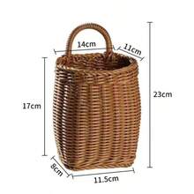1 pieza Cesta de almacenamiento colgante de pared de ratán hecha a mano, adecuada para guardar cucharas, palillos, flores y artículos varios, cesta de almacenamiento portátil montada en la pared, decoración del hogar - albaricoque - Ver 12