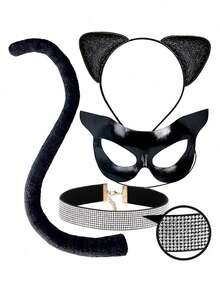 Black Cat Themed Accessories, Glitter Mask Cat Ears, Adult Halloween Cat Ears & Tail Set With Rhinestone Collar - Black - View 9