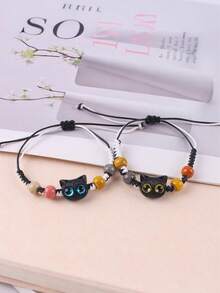 1pc INS Style Woven Bracelet With Small Black Cat Pendant, Suitable For Couples And Girlfriends - Multicolor - View 3