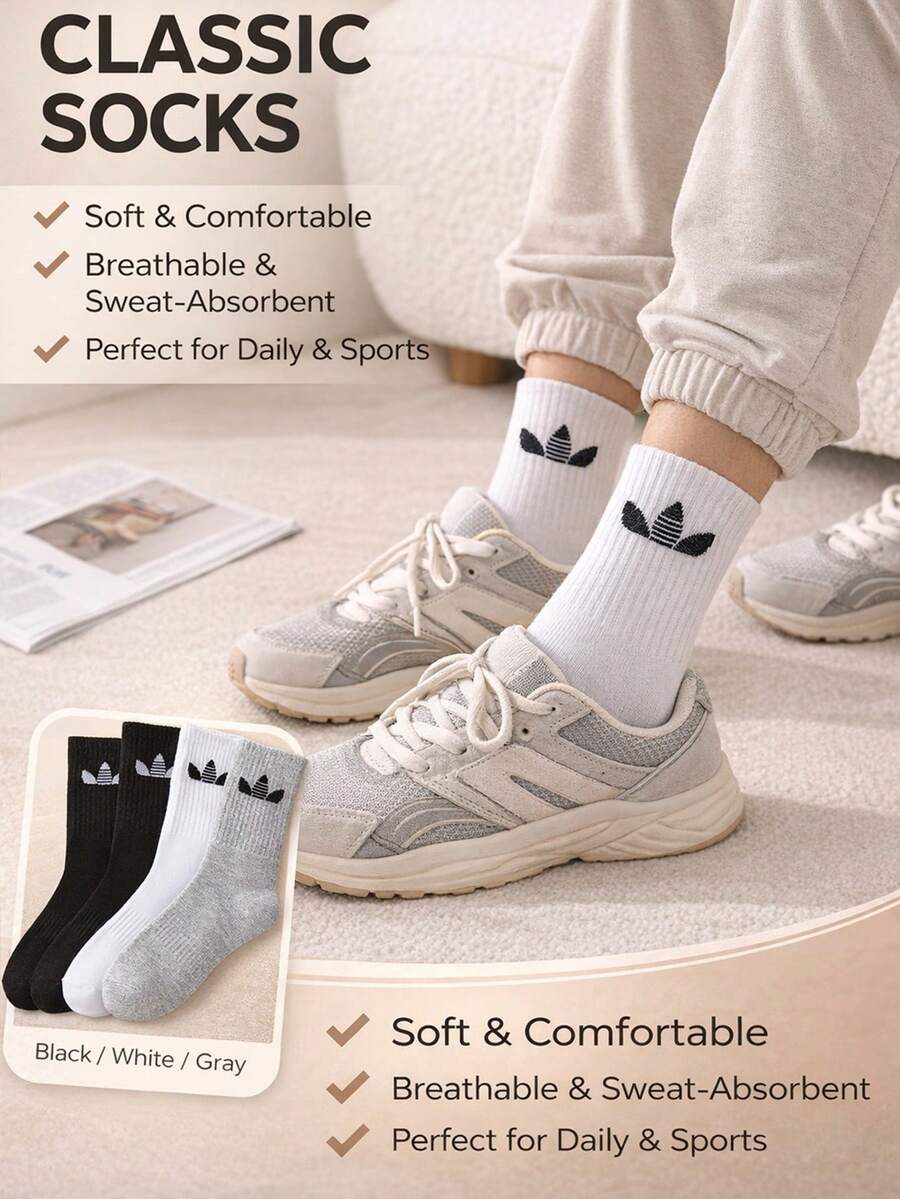 3 Pairs Soft & Breathable Crew Socks – Comfortable, Sweat-Absorbent For Daily & Sports, Men & Women - Multicolor - View 1