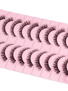 10 Pairs Short 3D Faux Mink Lashes, Create Cat Eye Makeup Effect, Long & Thin, Soft & Natural Looking Fake Lashes, Strip Eyelashes - Black - View 3