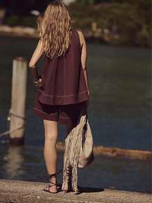 Women Plaid Outfit, Long Sleeve Tie-Up Crew Neck T-Shirt With Elastic Waist Shorts Summer Outfit - 咖啡棕 - 查看 4