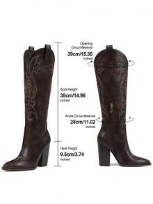Embroidered Knee High Cowboy Boots For Women Pointed Toe Chunky Block High Heels Pull-On Wide Calf Western Cowgirl Boots - 朱古力 - 查看 9